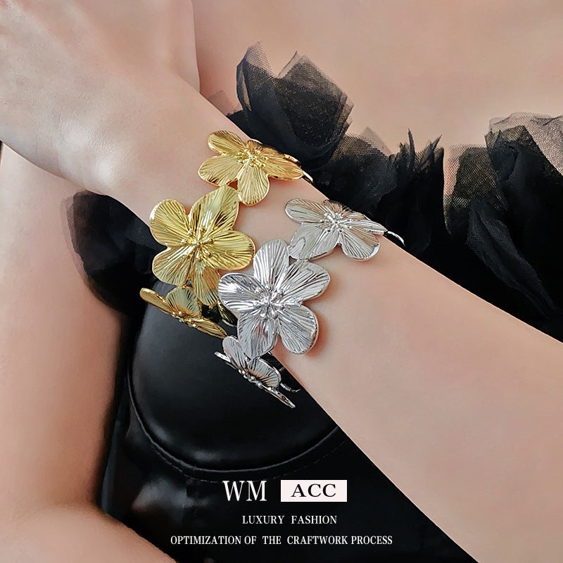Just Lil Things Artificial Statement Floral Cuff Bracelet – Textured Gold Tone Bloom Design jltb0508