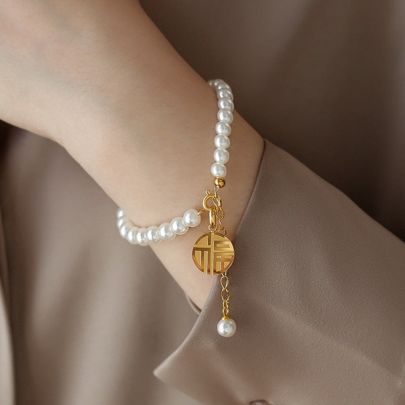 Elegant Pearl Beaded Bracelet with Coin Charm Bracelet jltb0532