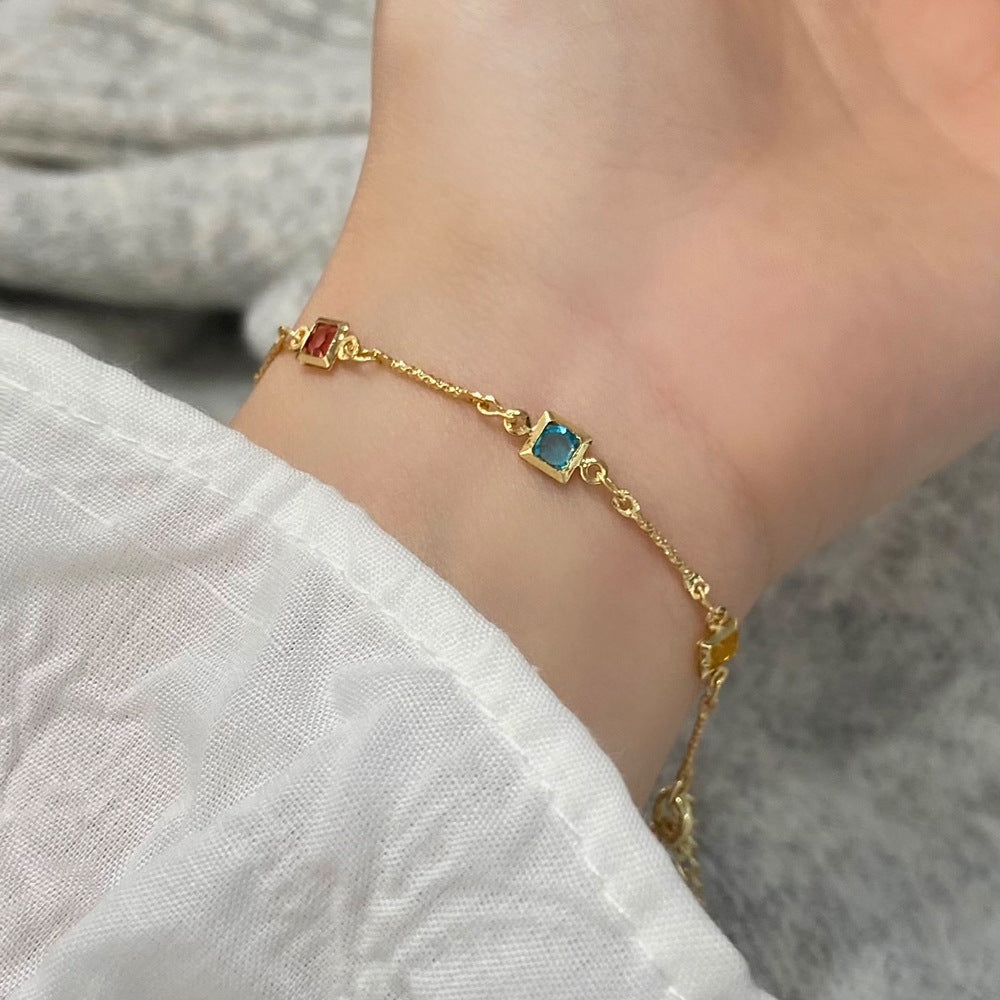 Fashionable Crystal Minimal Gold-Toned Square Charm Design Multicolor Bracelet jltb0533