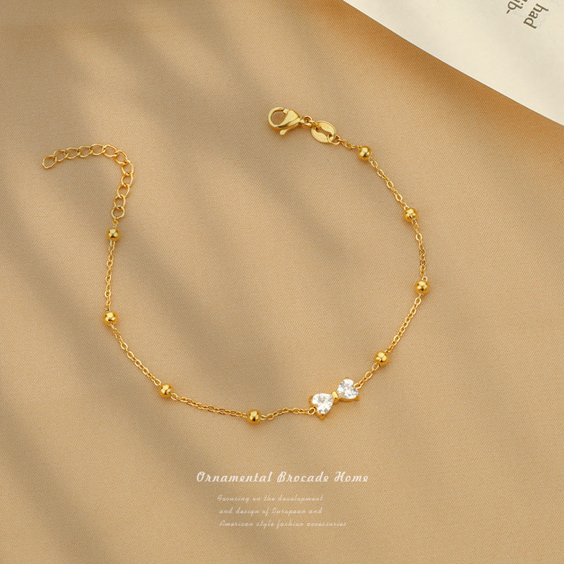 Adjustable Zircon White Bow Golden Bracelet  – Dainty Beaded Chain Design Bracelet jltb0535