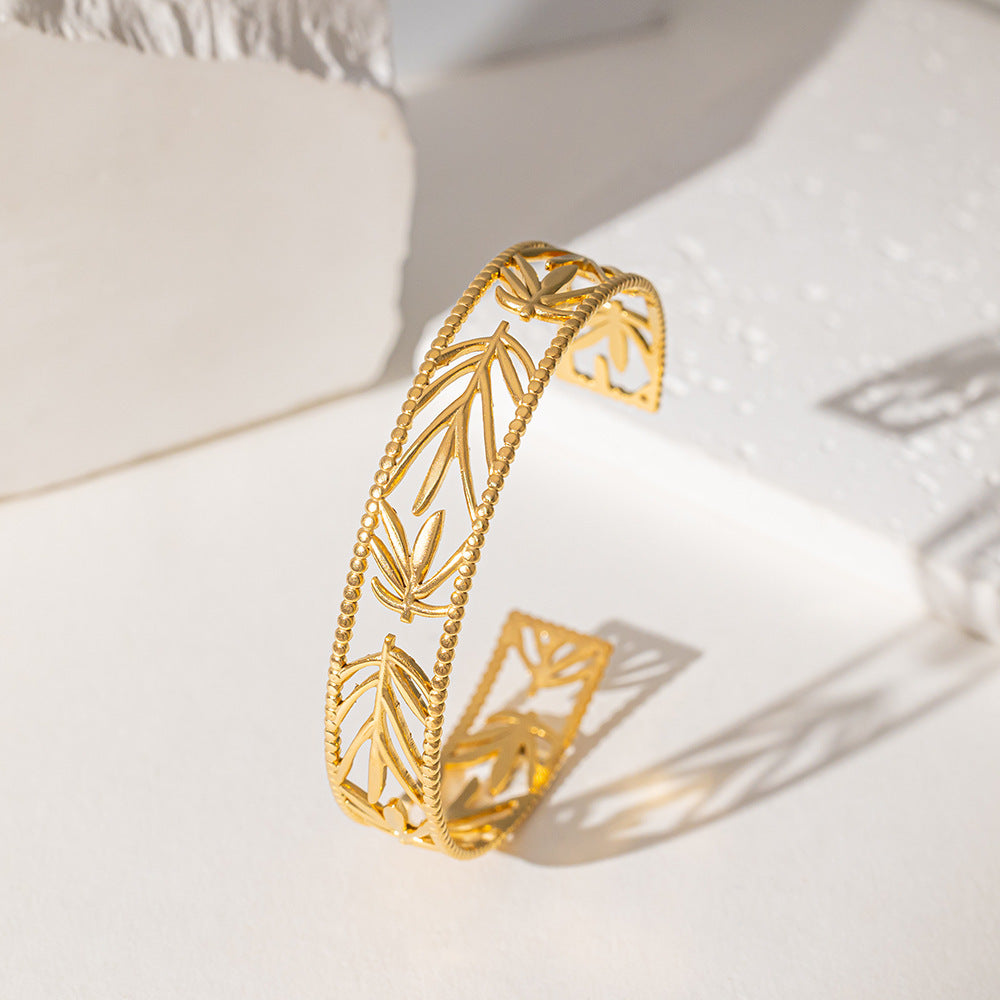 Golden Leaf Cutwork Bracelet – Elegant Open Cuff Design Bracelet jltb0537