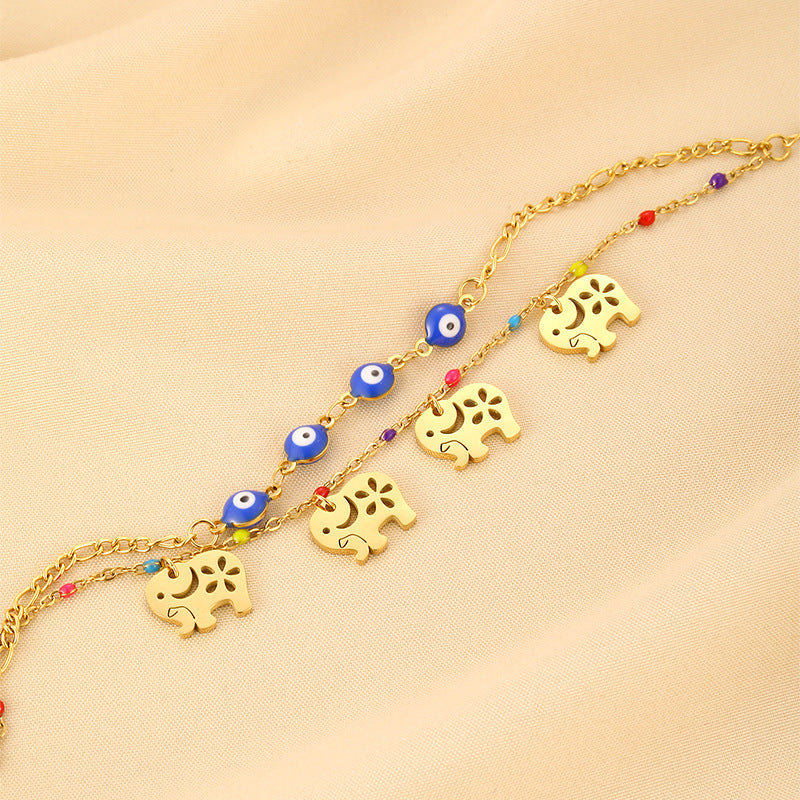 Golden Elephant & Evil Eye Charm Bracelet – Boho Chic Layered Chain Bracelet JLTB0542