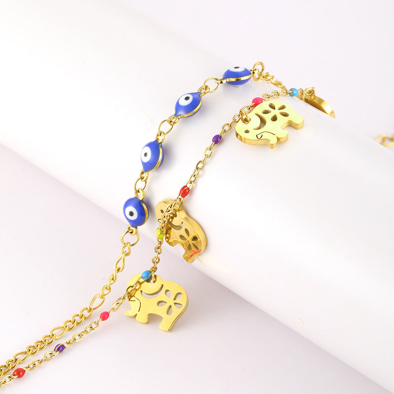 Golden Elephant & Evil Eye Charm Bracelet – Boho Chic Layered Chain Bracelet JLTB0542