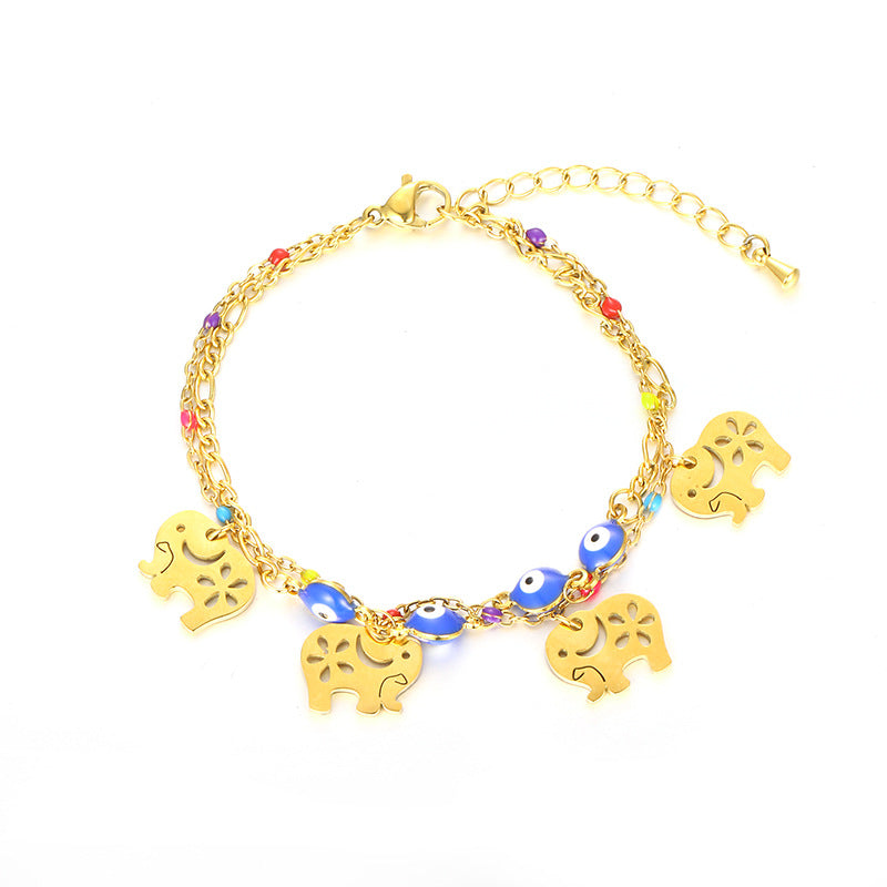 Golden Elephant & Evil Eye Charm Bracelet – Boho Chic Layered Chain Bracelet JLTB0542