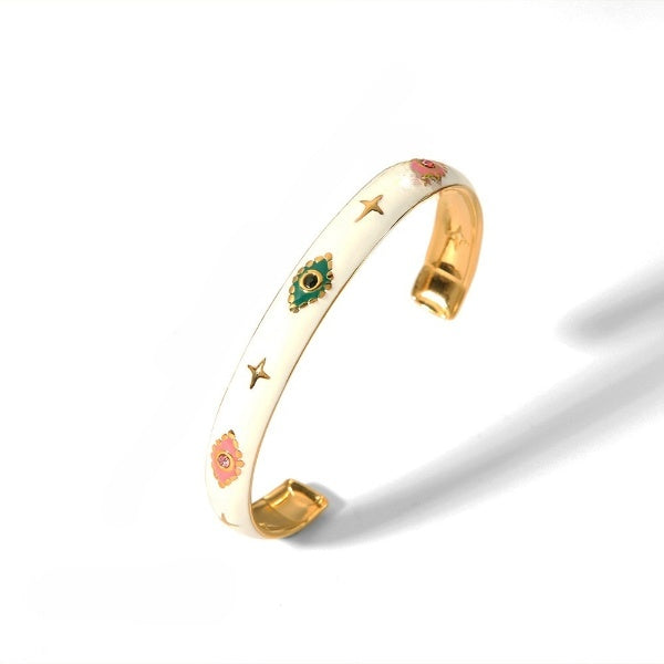 Enamel Evil Eye & Star Charm Cuff Bracelet – White & Gold Open Bangle Bracelet JLTB0557