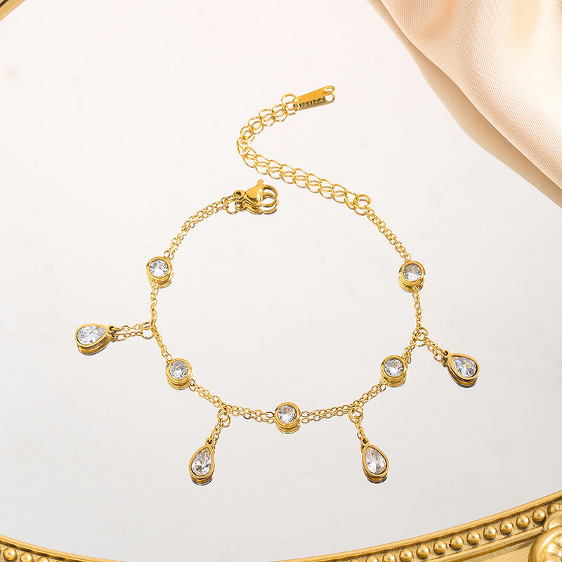 Shimmer Tear Drop Bezel Round White with Sparkling CZ Stones – Adjustable Chain Bracelet JLTB0559