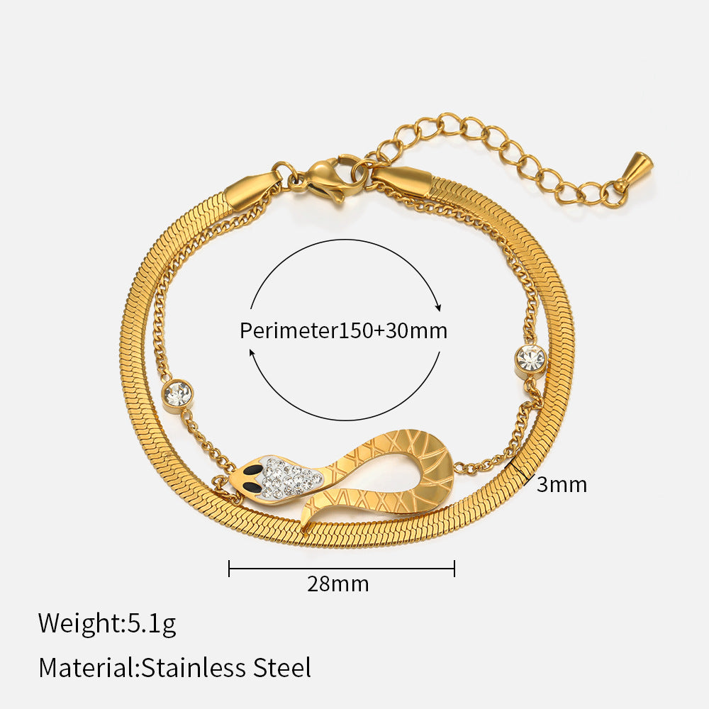 Rhinestone Double Chain Snake Charm Gold Bracelet JLTB0561