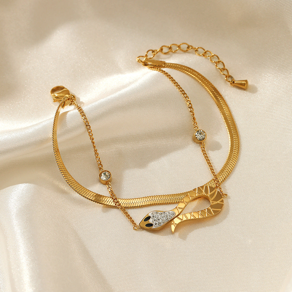 Rhinestone Double Chain Snake Charm Gold Bracelet JLTB0561
