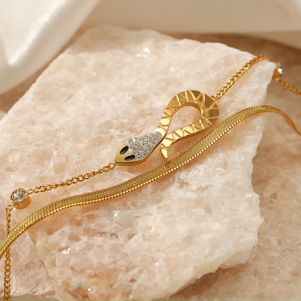 Rhinestone Double Chain Snake Charm Gold Bracelet JLTB0561