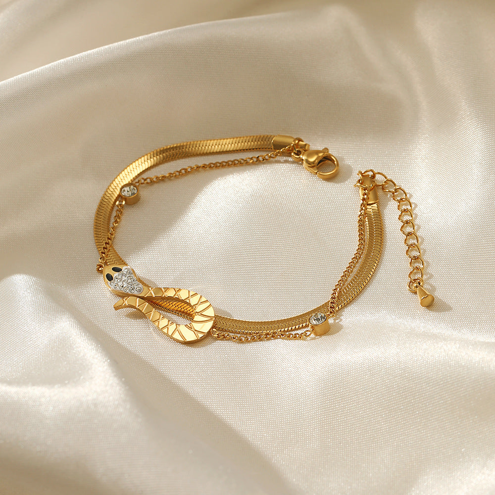 Rhinestone Double Chain Snake Charm Gold Bracelet JLTB0561