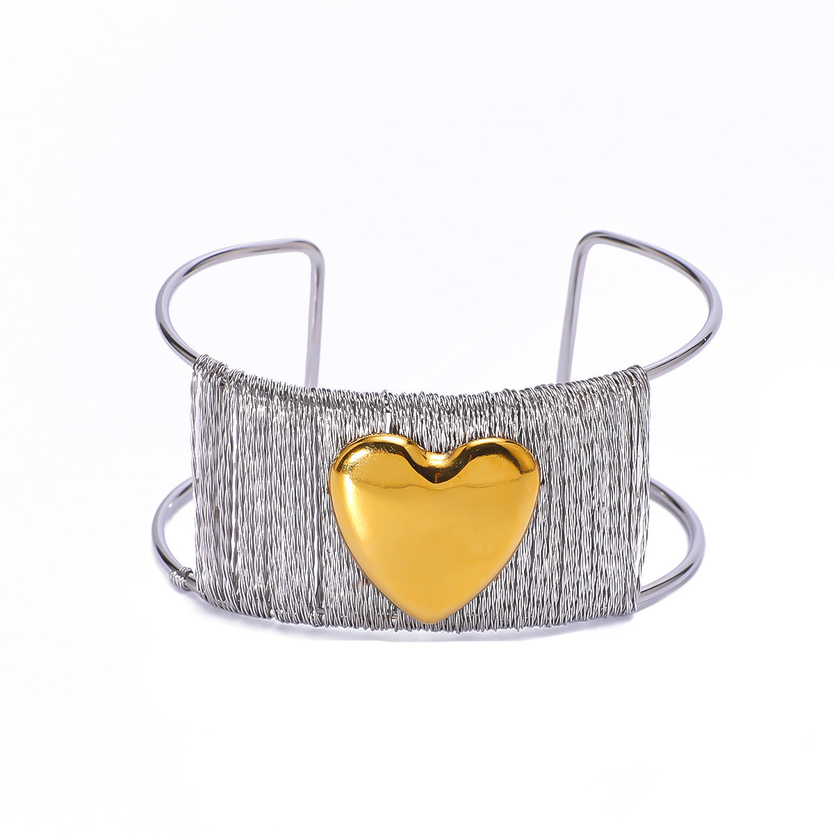 Wire Styled Gold Heart Inlaid Cuff Silver Bracelet JLTB0614