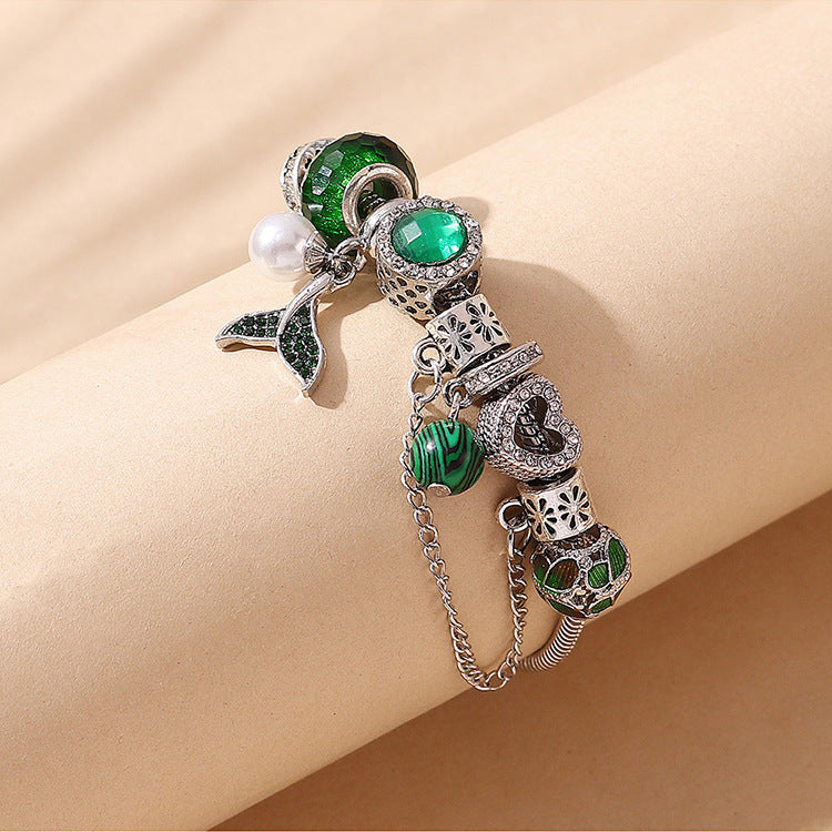 Green Stone Embeded Heart Dolphin Tail Charms Silver Bracelet JLTB0616