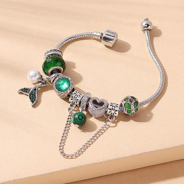Green Stone Embeded Heart Dolphin Tail Charms Silver Bracelet JLTB0616