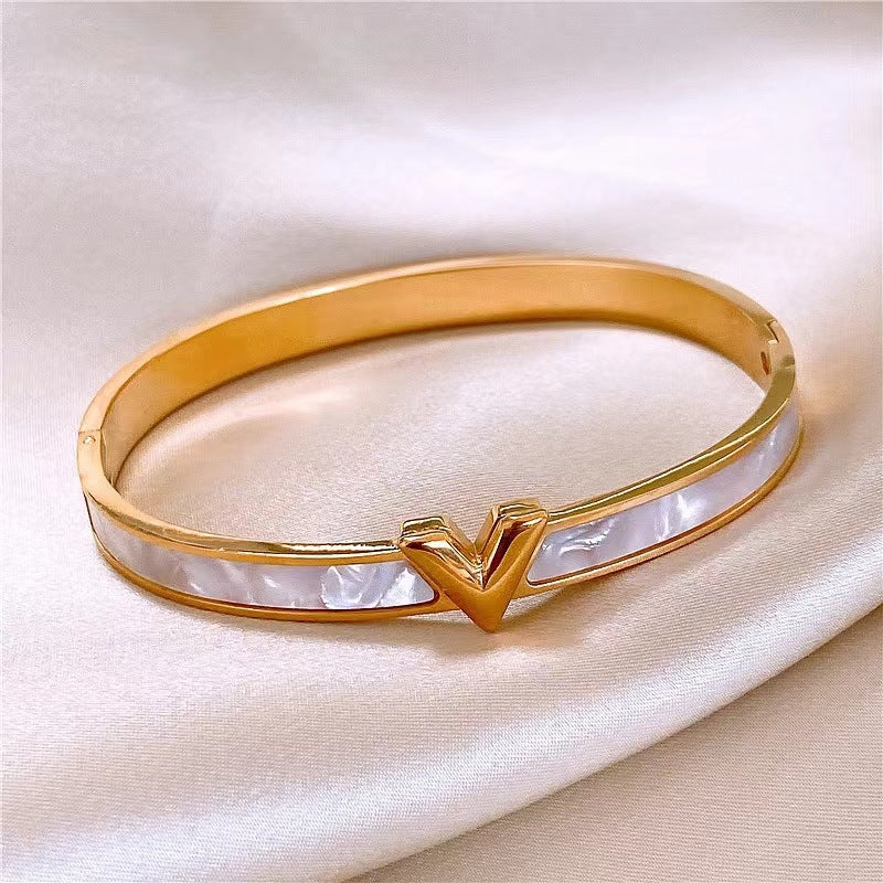 V Shaped White Inlaid Cuff Gold Bracelet JLTB0621