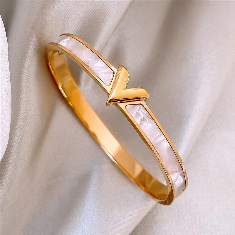 V Shaped White Inlaid Cuff Gold Bracelet JLTB0621