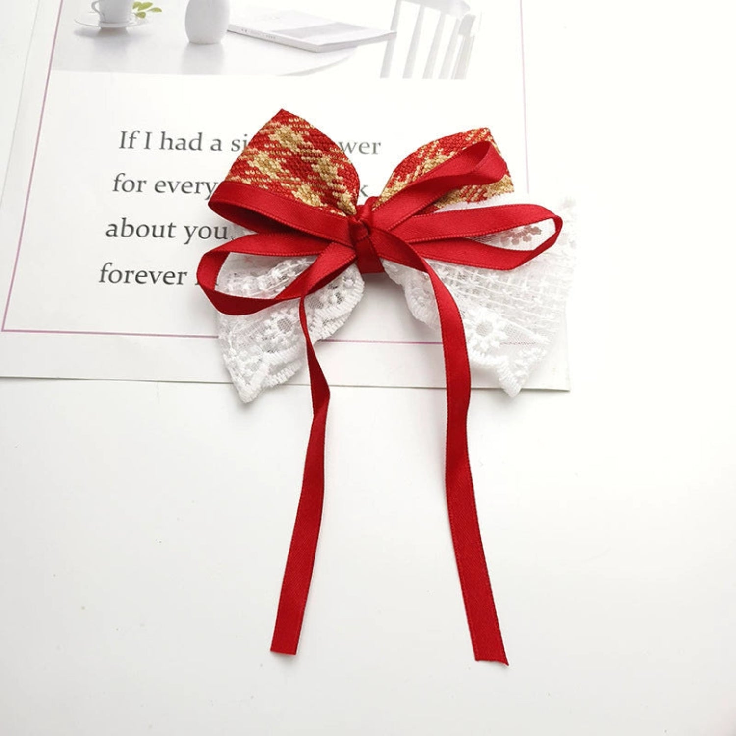 Just Lil Things Red Ribbon Lace Bow Hair Clip – Elegant Festive Accessory for Girls jltc0104
