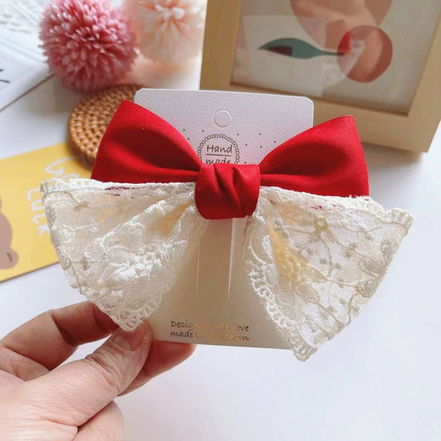 Just Lil Things Red and White Lace Bow Hair Clip – Elegant Handmade Festive Accessory jltc0108