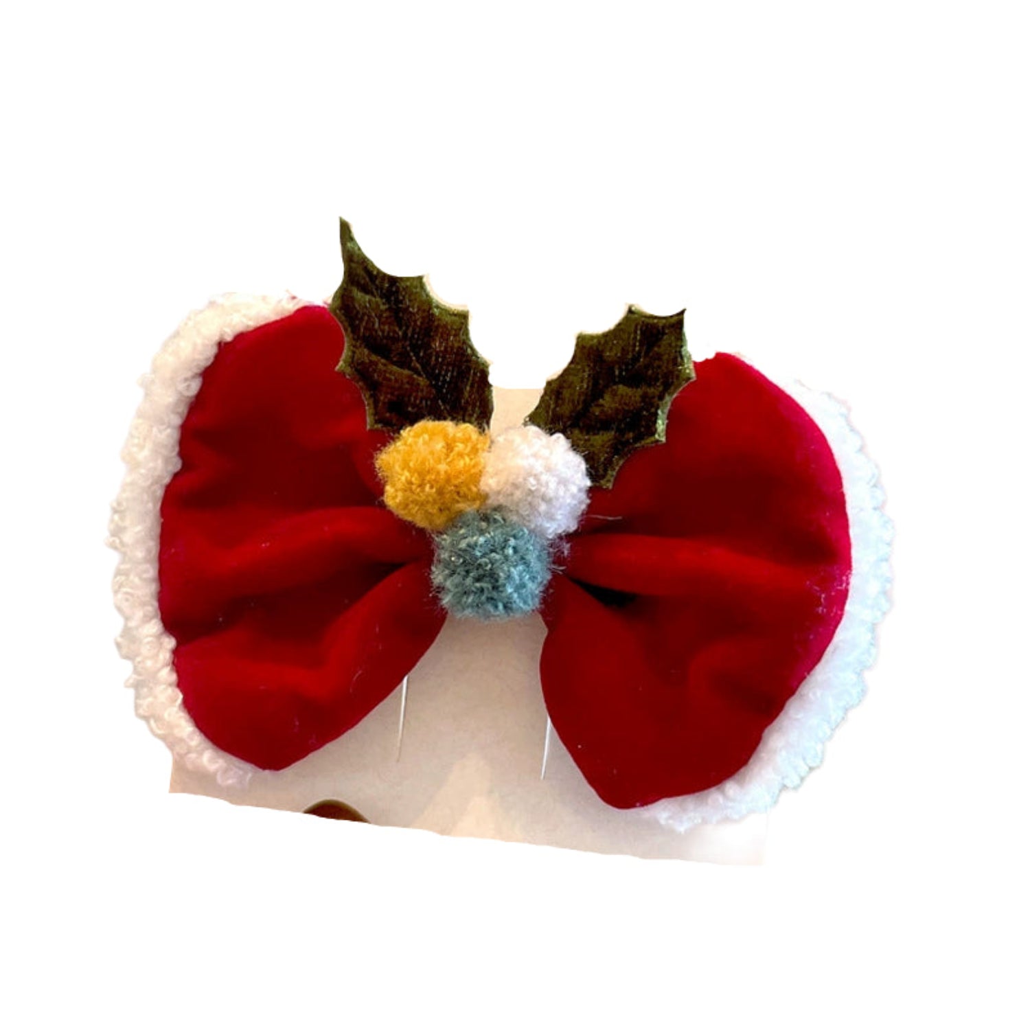 Just Lil Things Christmas Velvet Bow Hair Clip – Red Festive Clip with Leaf & Pom Pom jltc0110