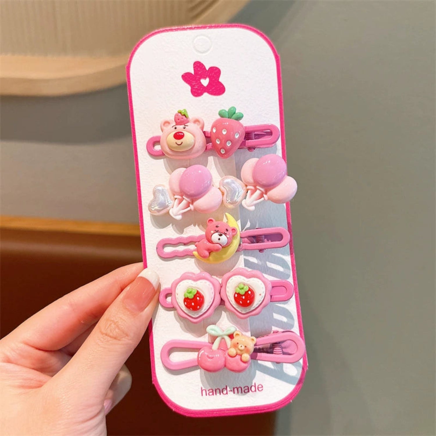 Just Lil Things Pink Cartoon Hair Clip Set – Cute Bear, Strawberry & Cherry Design jltc0113