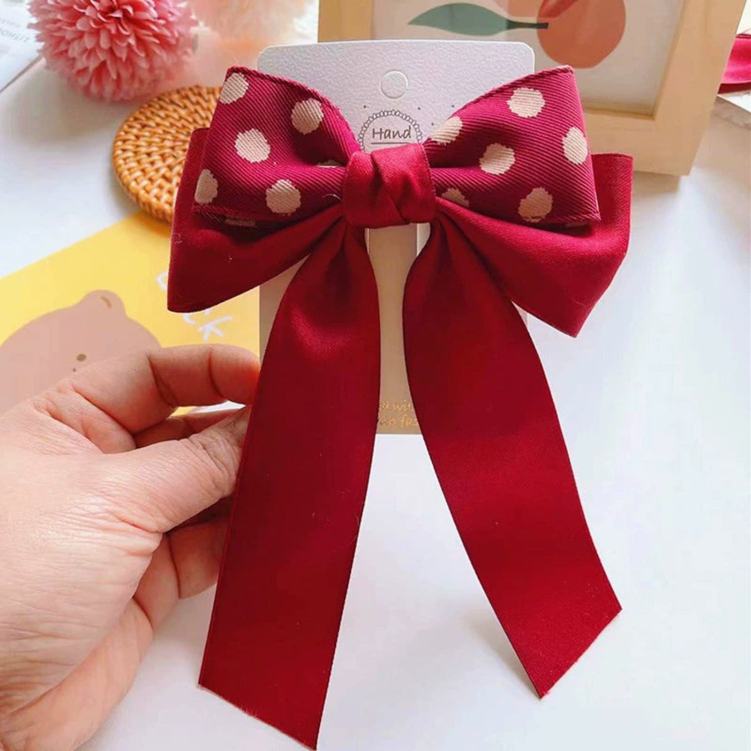 Just Lil Things Red Polka Dot Bow Hair Clip – Elegant Long Ribbon Accessory for Girls jltc0114
