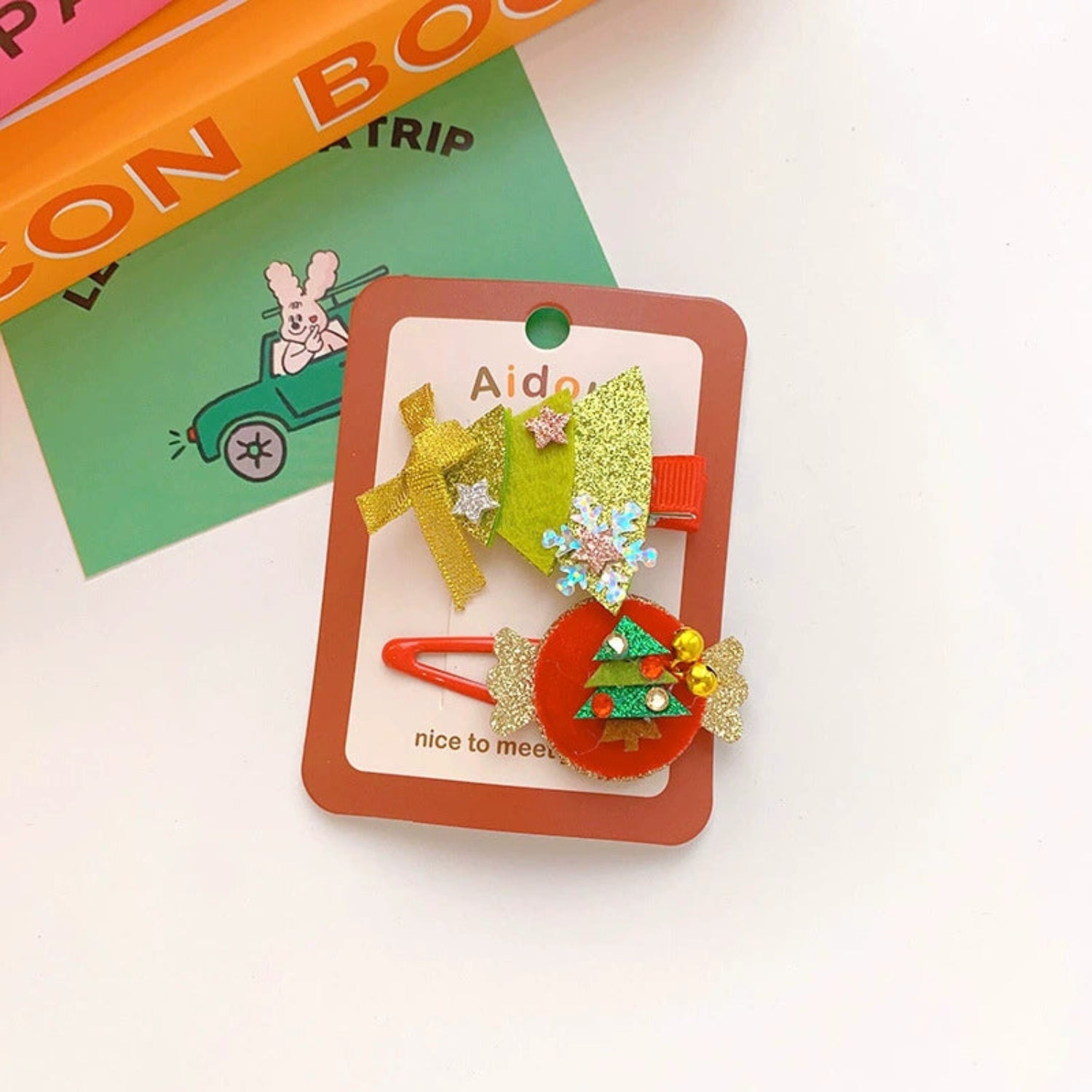 Just Lil Things Christmas Tree & Glitter Bow Hair Clip Set (Pack of 2) jltc0134