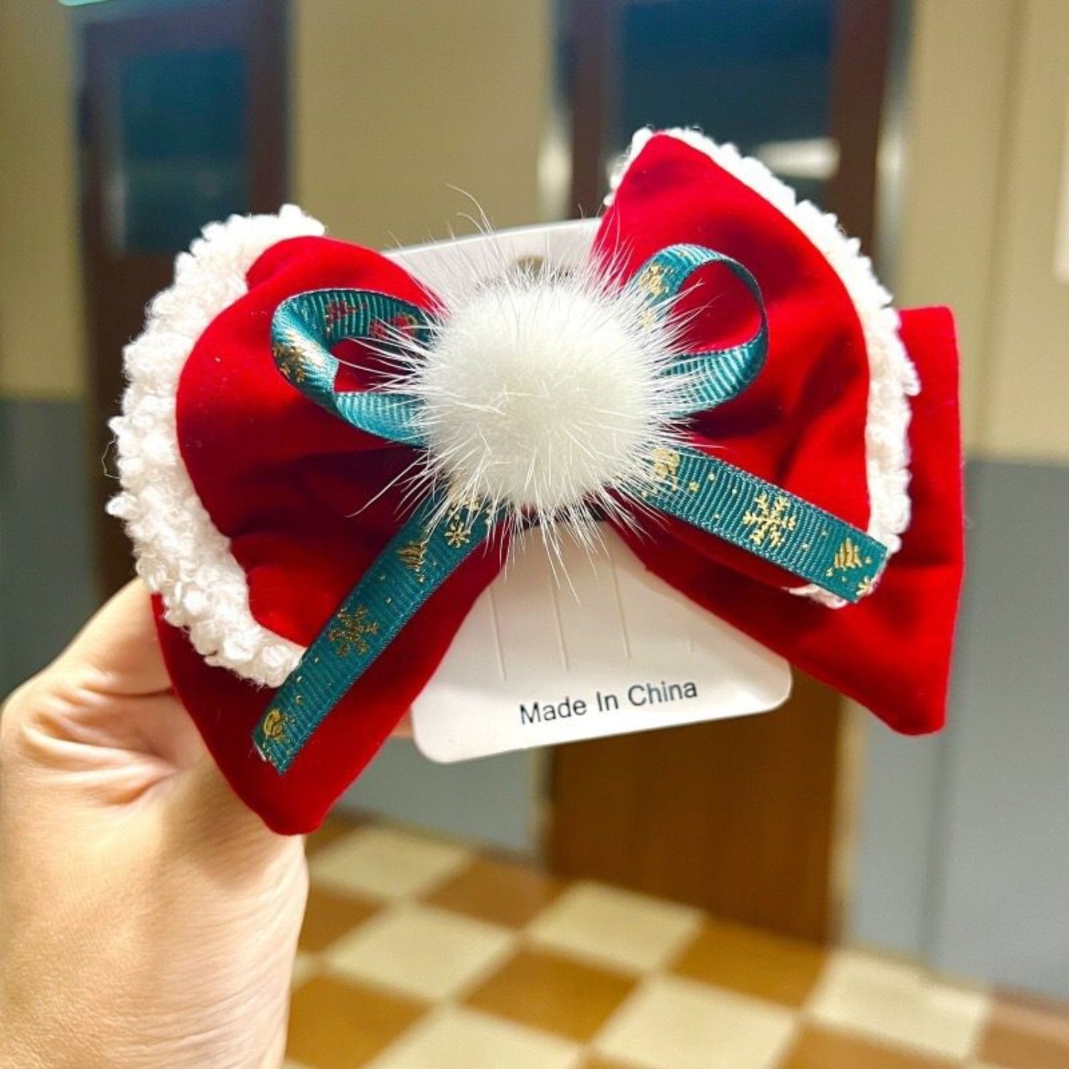 Just Lil Things Christmas Velvet Bow Hair Clip with Pom Pom jltc0135