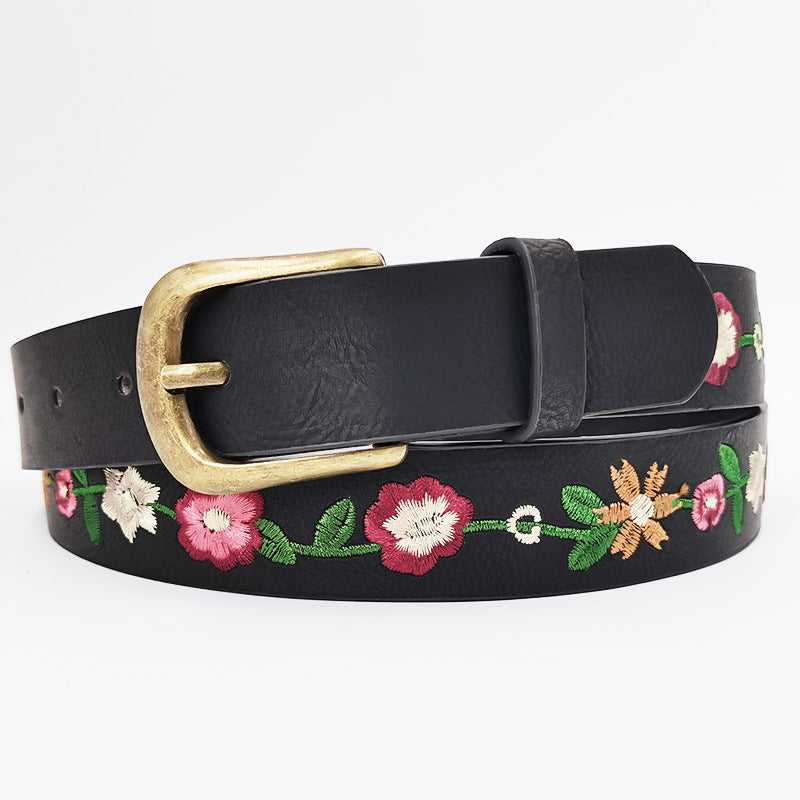 Style embroidered flower retro belt for women classical style pu belt