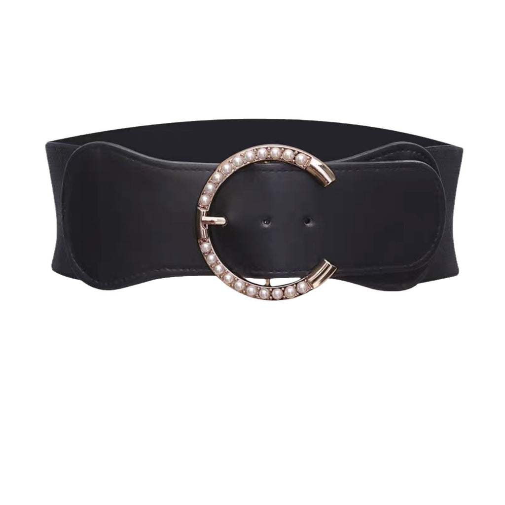Belt for women, wide girdle, pearl-embellished dress, waist with skirt, coat, accessories, black, fashionable and versatile