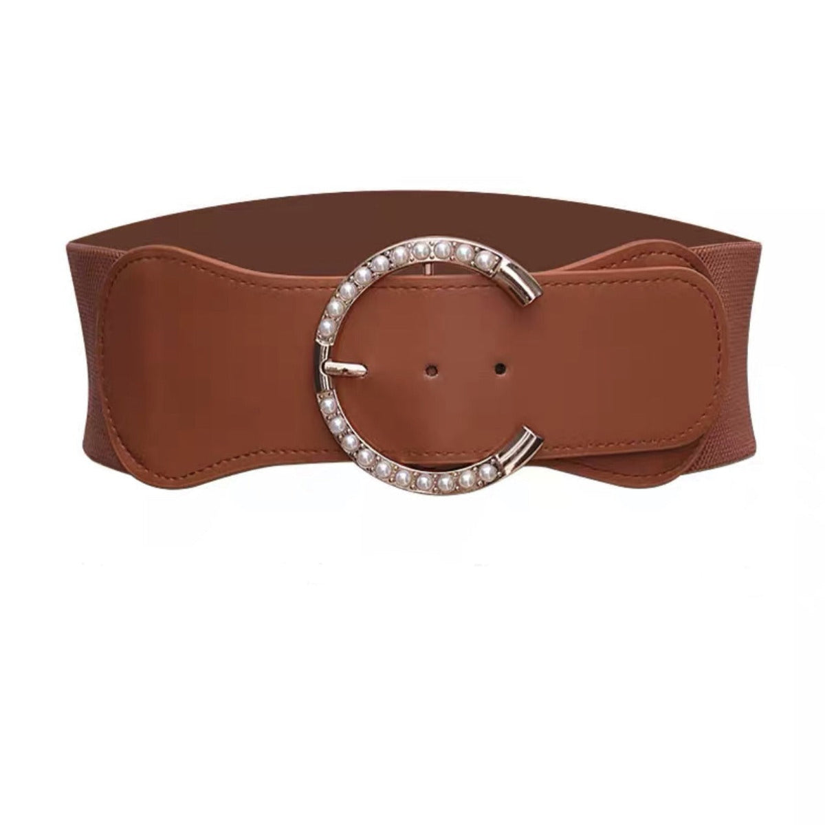 "Women’s Wide Pearl Girdle Belt – Black Waist Accessory for Dresses & Coats"