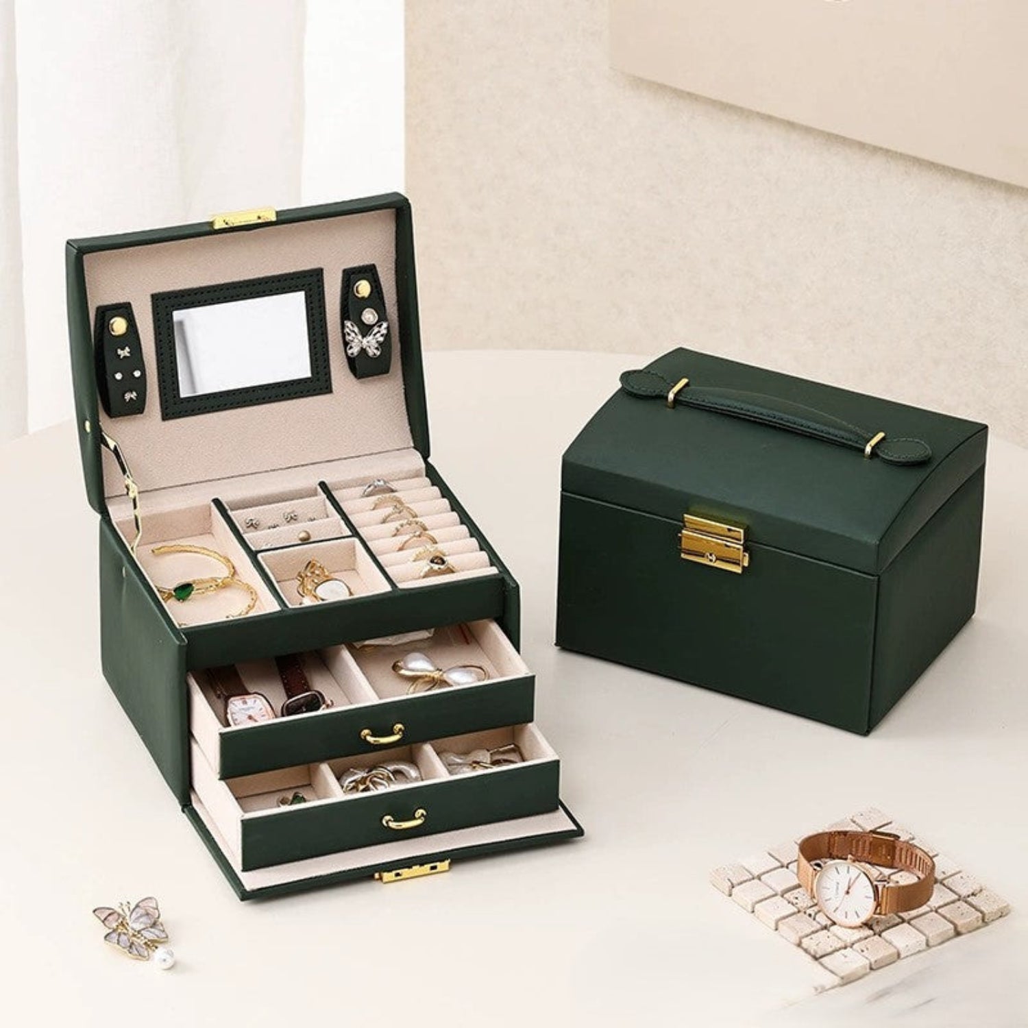 Pink Jewelry Storage Box with Handle - Luxurious Portable Organizer for Accessories