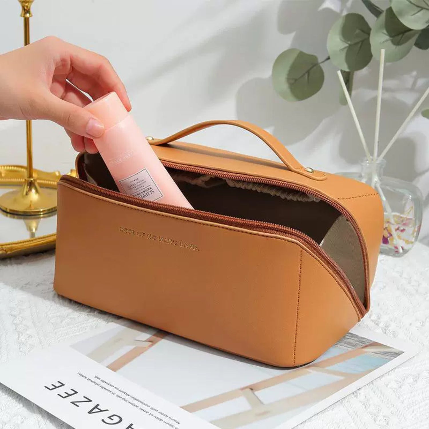 Apircot Orange Leather Multi-Compartment Cosmetic Bag JLTJK0103