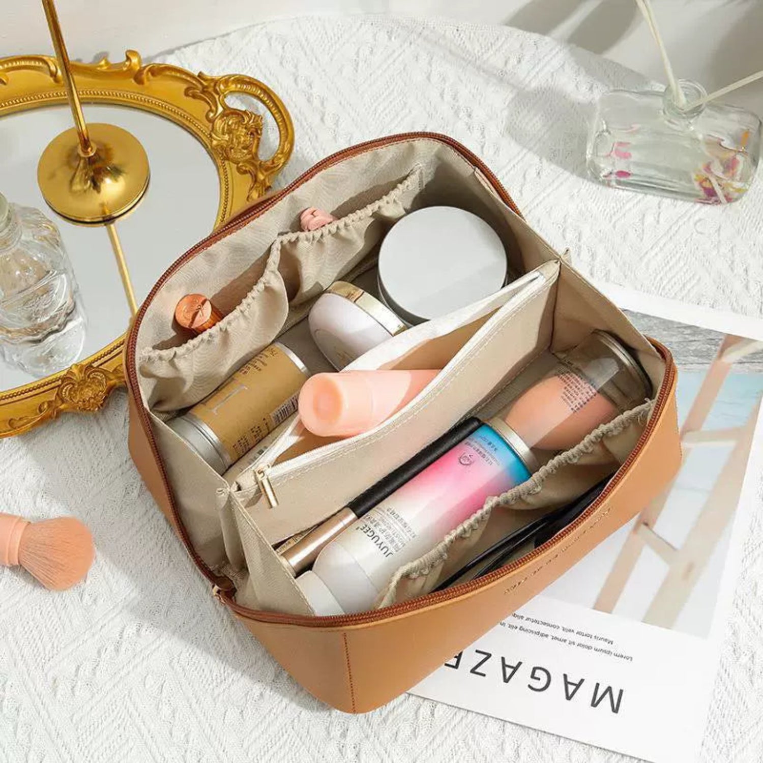 Apircot Orange Leather Multi-Compartment Cosmetic Bag JLTJK0103