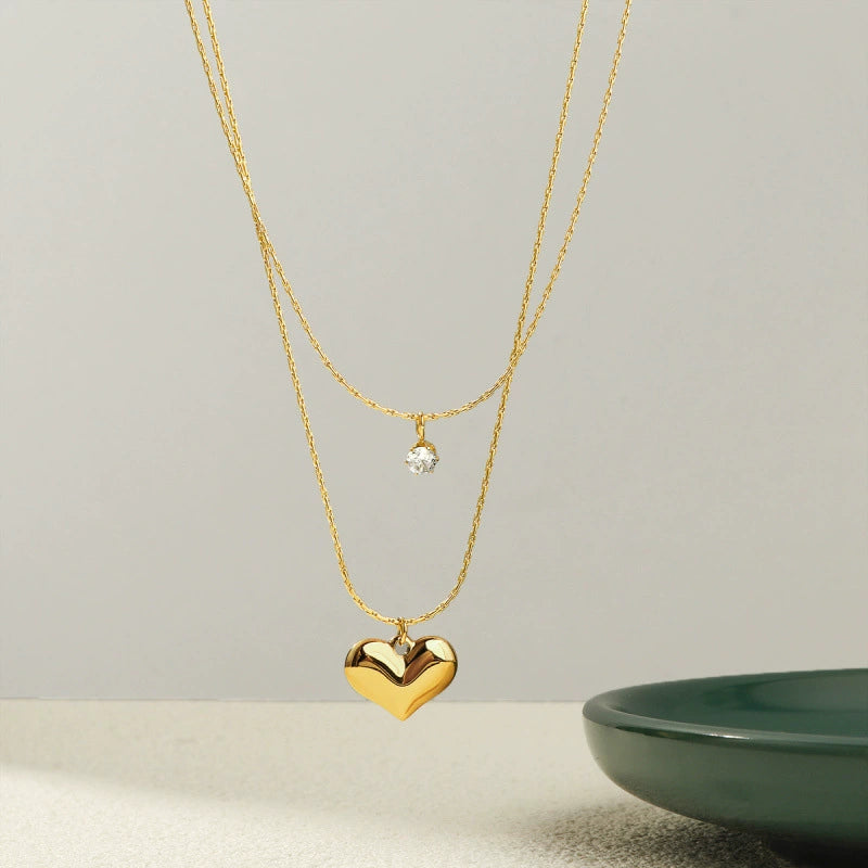 Gold-color Layered Necklace with Heart Pendant and Crystal Charm – Minimalist Double Chain Jewelry jltn0515