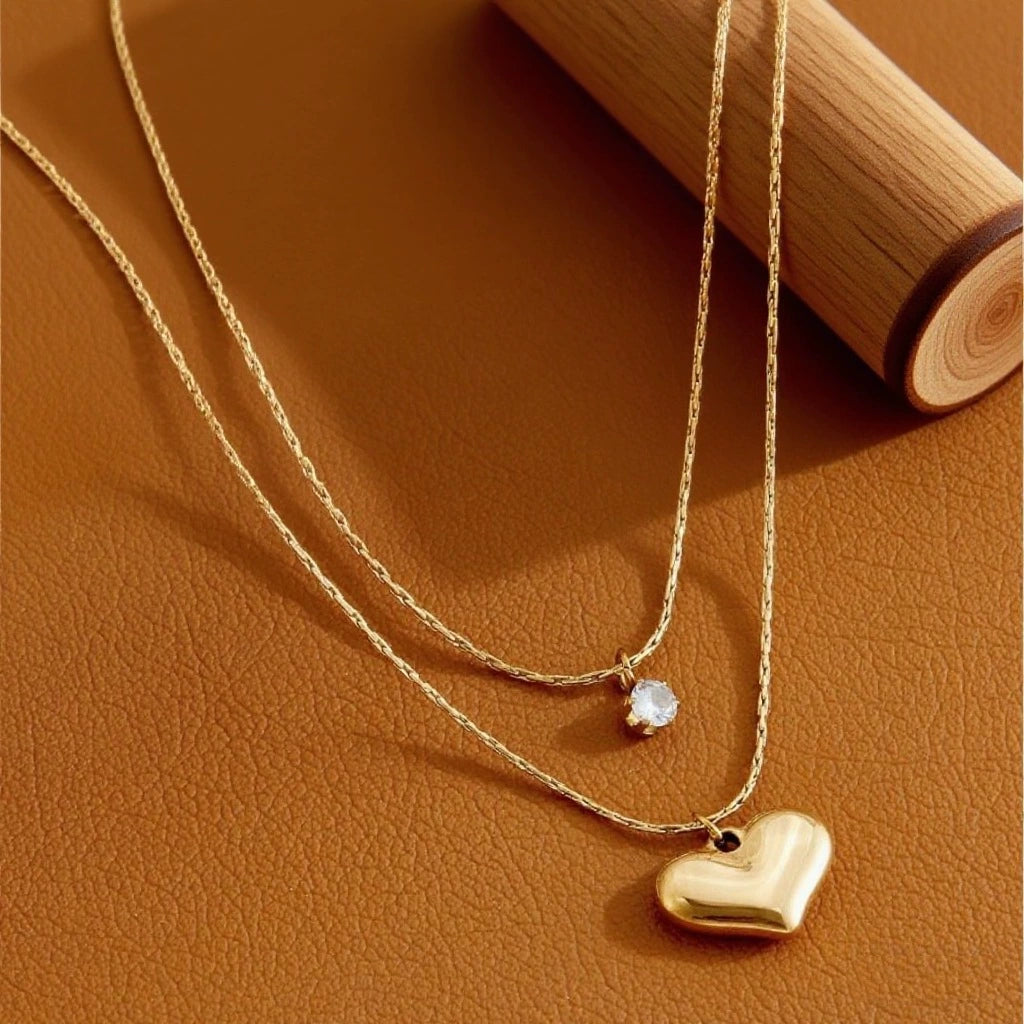 Gold-color Layered Necklace with Heart Pendant and Crystal Charm – Minimalist Double Chain Jewelry jltn0515