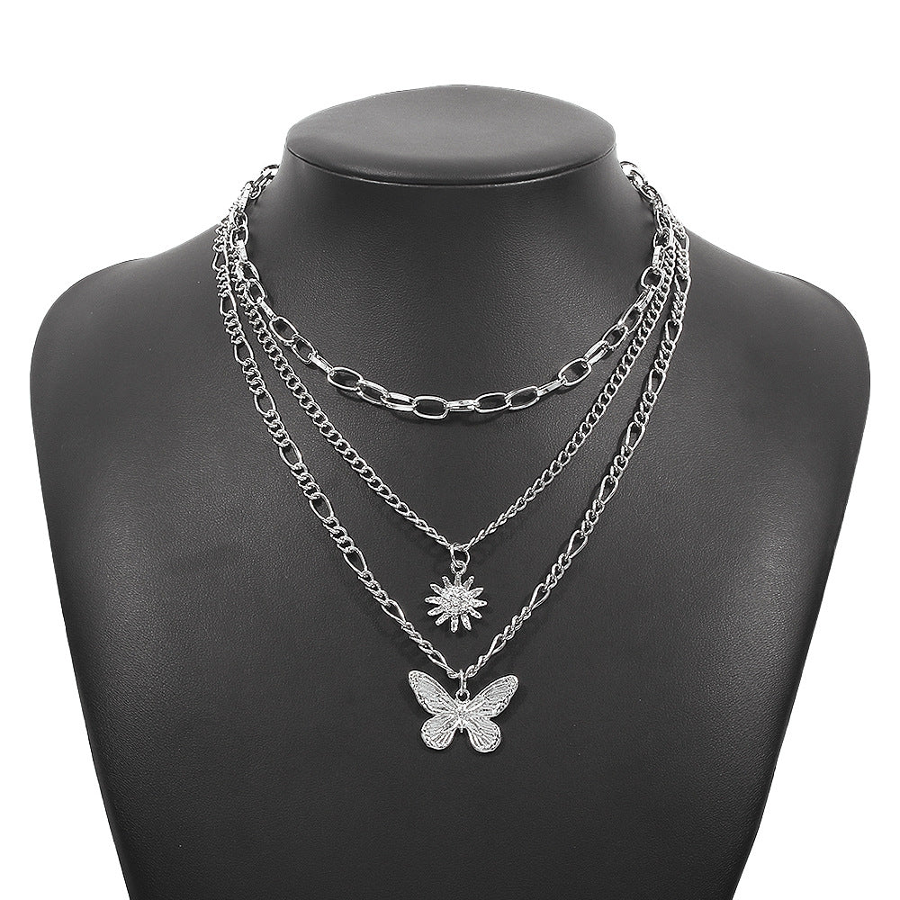 Triple Layer Butterfly and Sunflower Zircon Pendant Necklace – Vintage Silver Chain Design-jltn0579