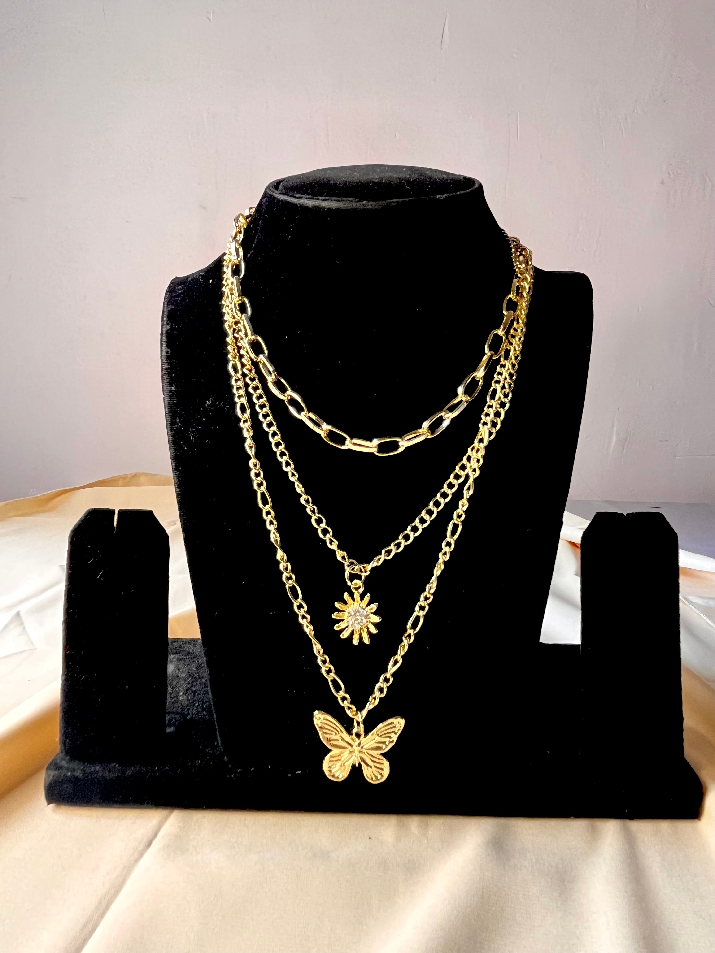Layered Gold Butterfly and Flower Necklace-jltn0666