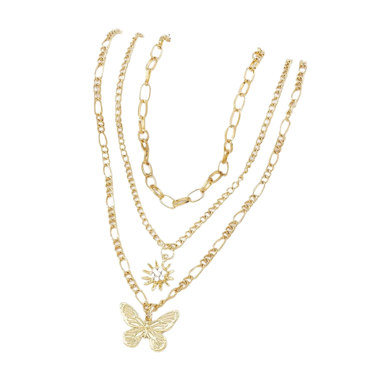 Layered Gold Butterfly and Flower Necklace-jltn0666