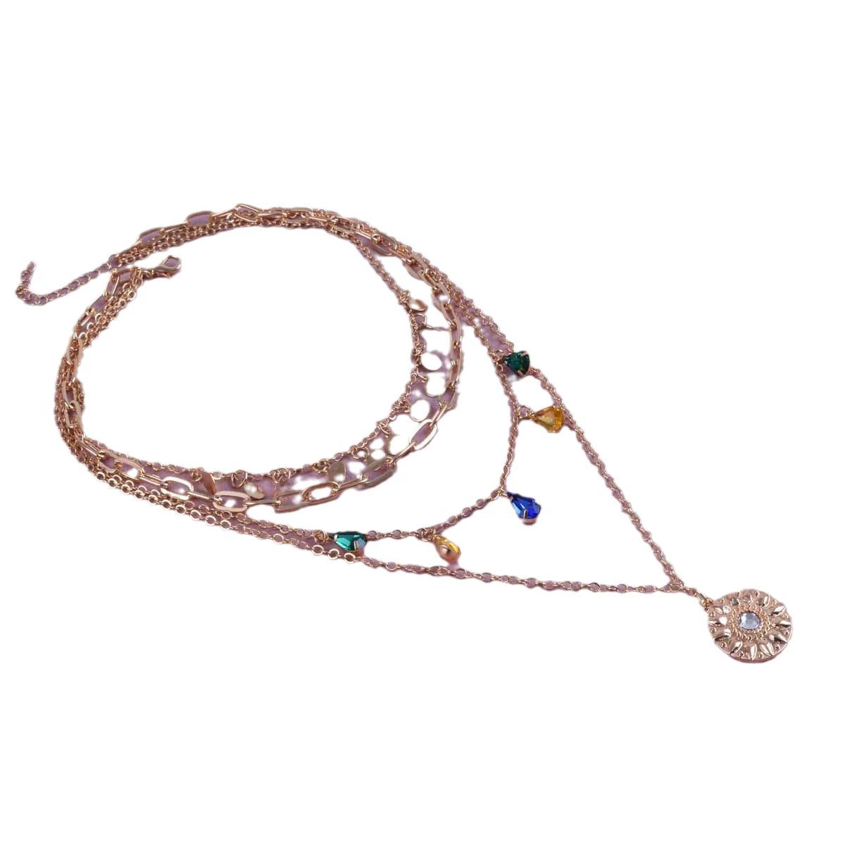 Just Lil Things Artificial Layered Gold Charm Necklace Set with Disc, Chain & Colorful Teardrop Design  Necklace  jltn0807