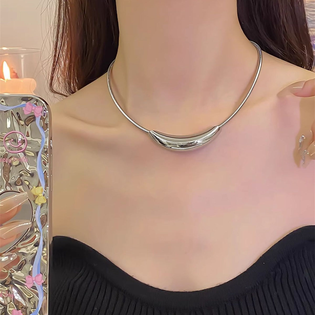Just Lil Things Artificial Silver Crescent Pendant Choker Necklace jltn0812