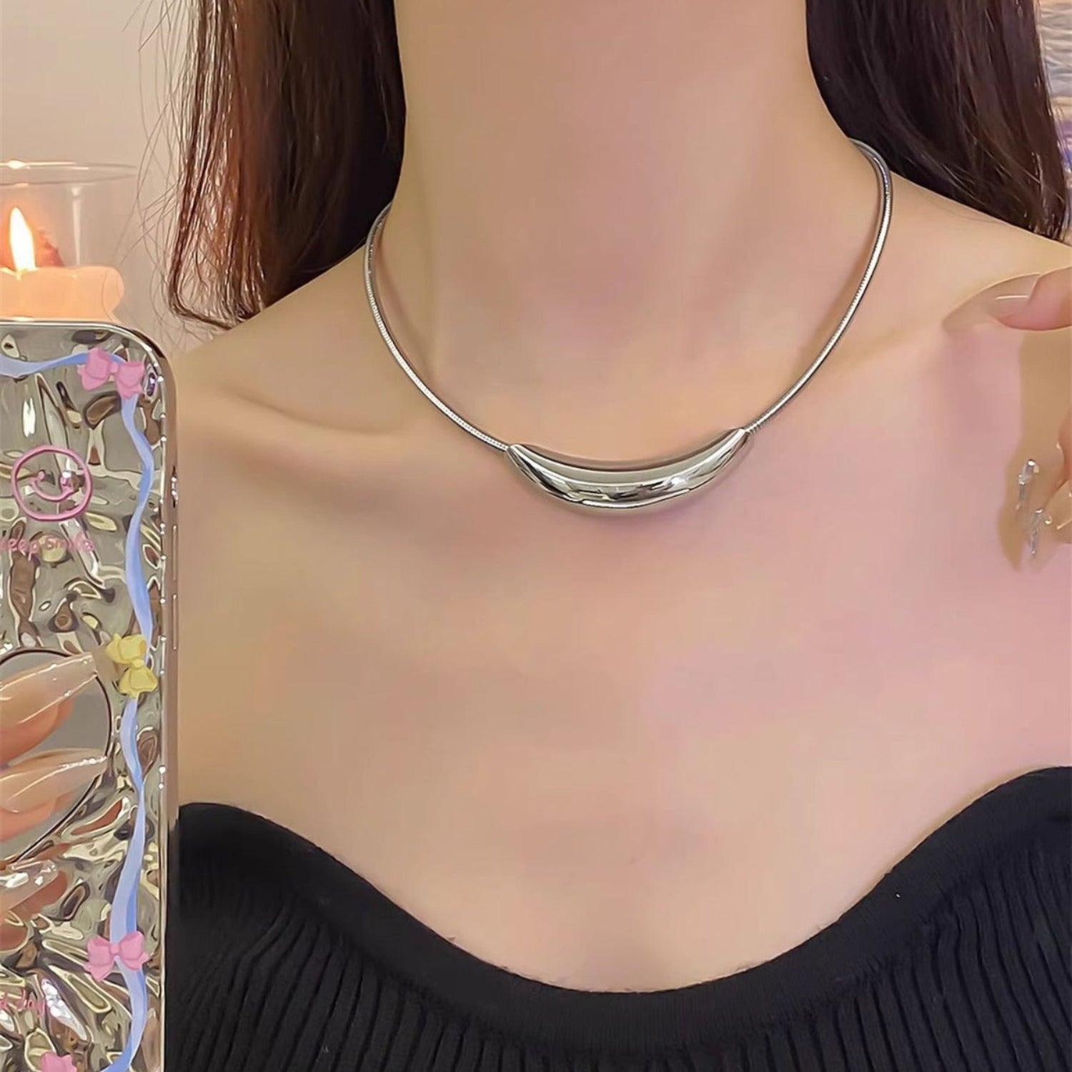 Silver Crescent Choker Necklace JLTN0812