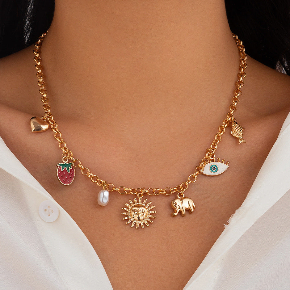 Strawberry Heart Fish Elephant Evil Eye Charms Multicolor Necklace JLTN1220