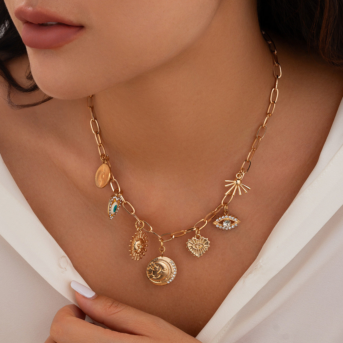 Sun Moon Eye Evil Heart Shaped Charms Multicolor Necklace JLTN1221