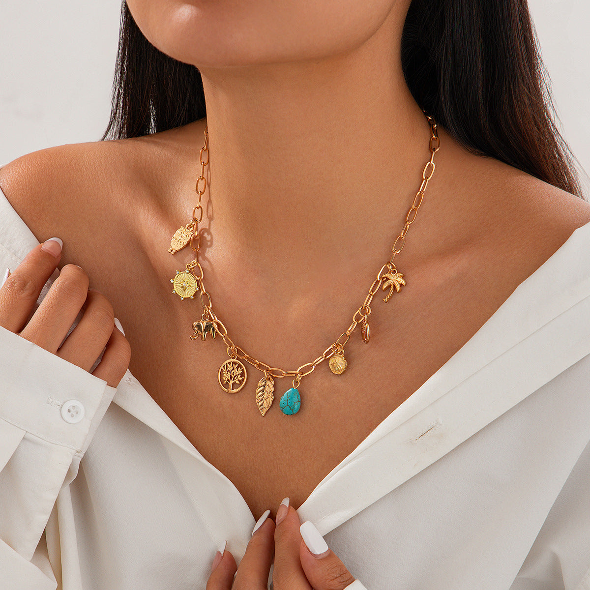 Owl Tree Leaf Coconut Tree Charms Multicolor Necklace JLTN1222
