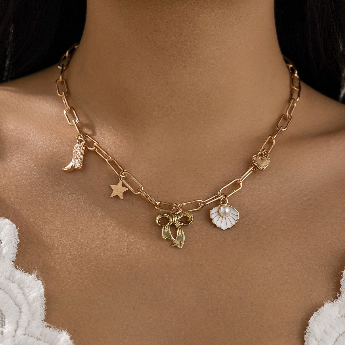 Ribbon Bow Sea Shell Star Heart Shoe Gold Necklace JLTN1226