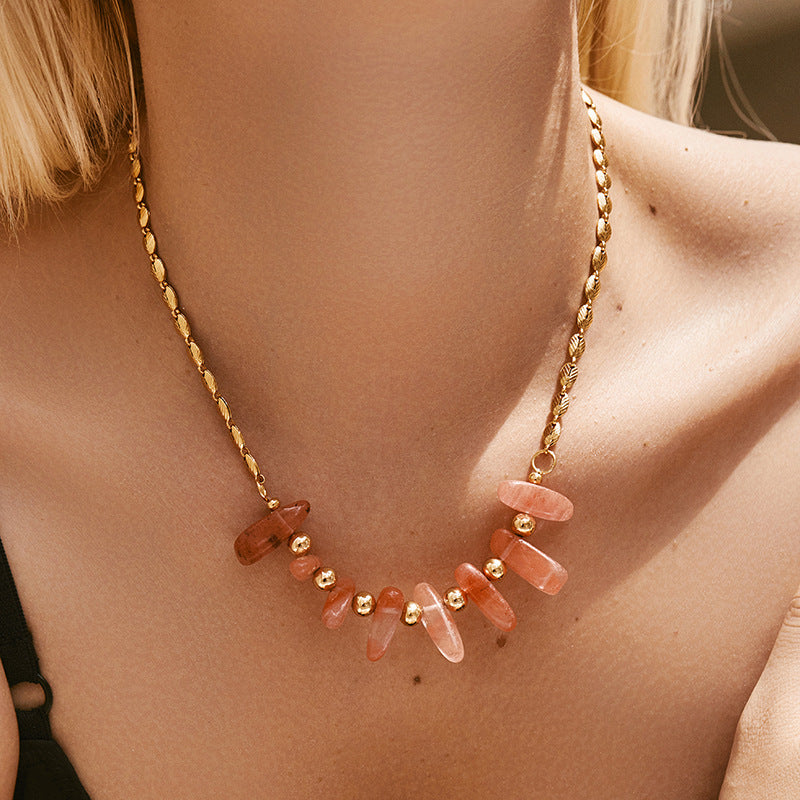 Lucite Raw Crystal Pink Sea Goddess Gold Necklace JLTN1258