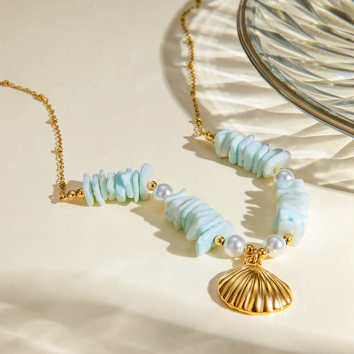 Drop Pearl Skyblue Beads Conch  Gold Necklace JLTN1272