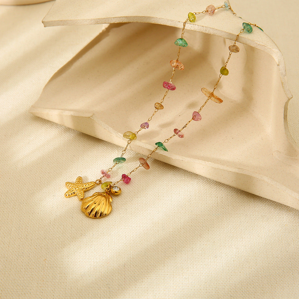 Drop Starfish Conch Shell Multi Color Multi Stone Gold Necklace JLTN1274