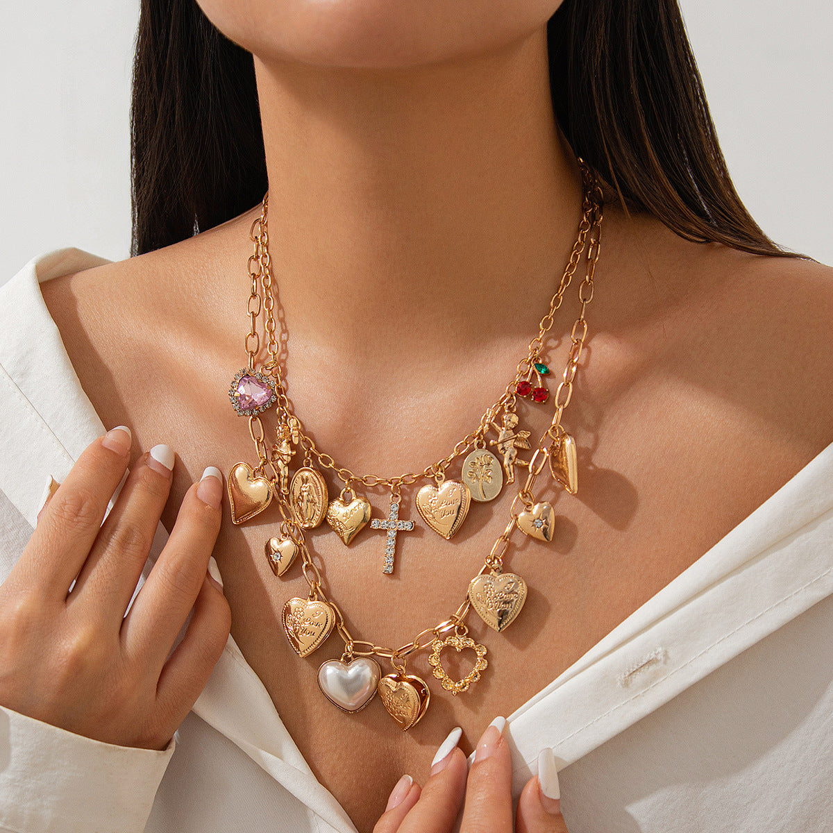 Multi Styled Drop Heart Cross Charms Gold Necklace JLTN1275