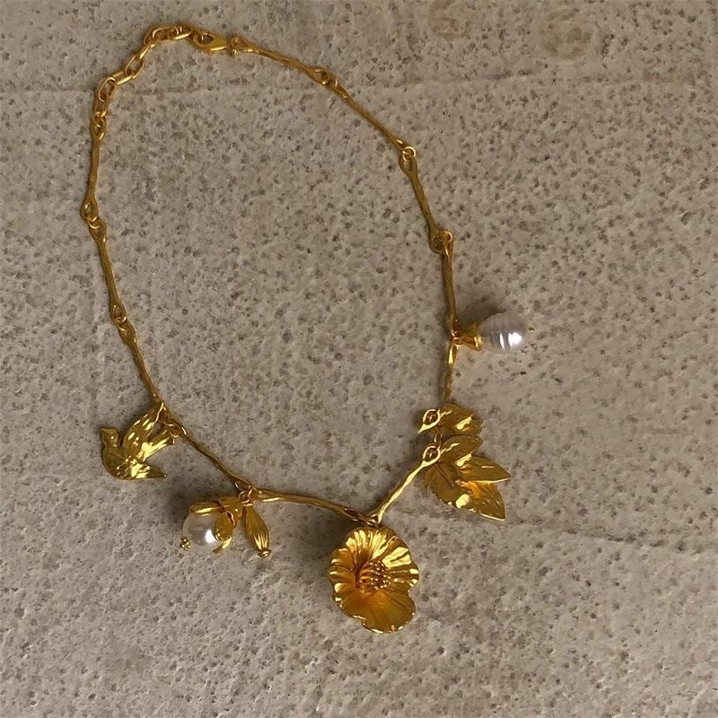 Vintage Floral Bird Leaf Charms Gold Necklace JLTN1276