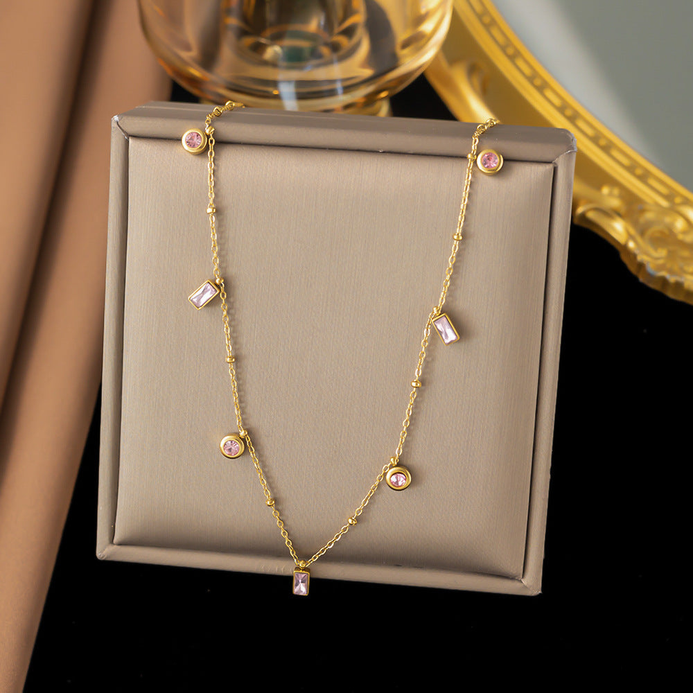 Tri Circular Tri Rectangular Salmon Stone Gold Neclace JLTN1279
